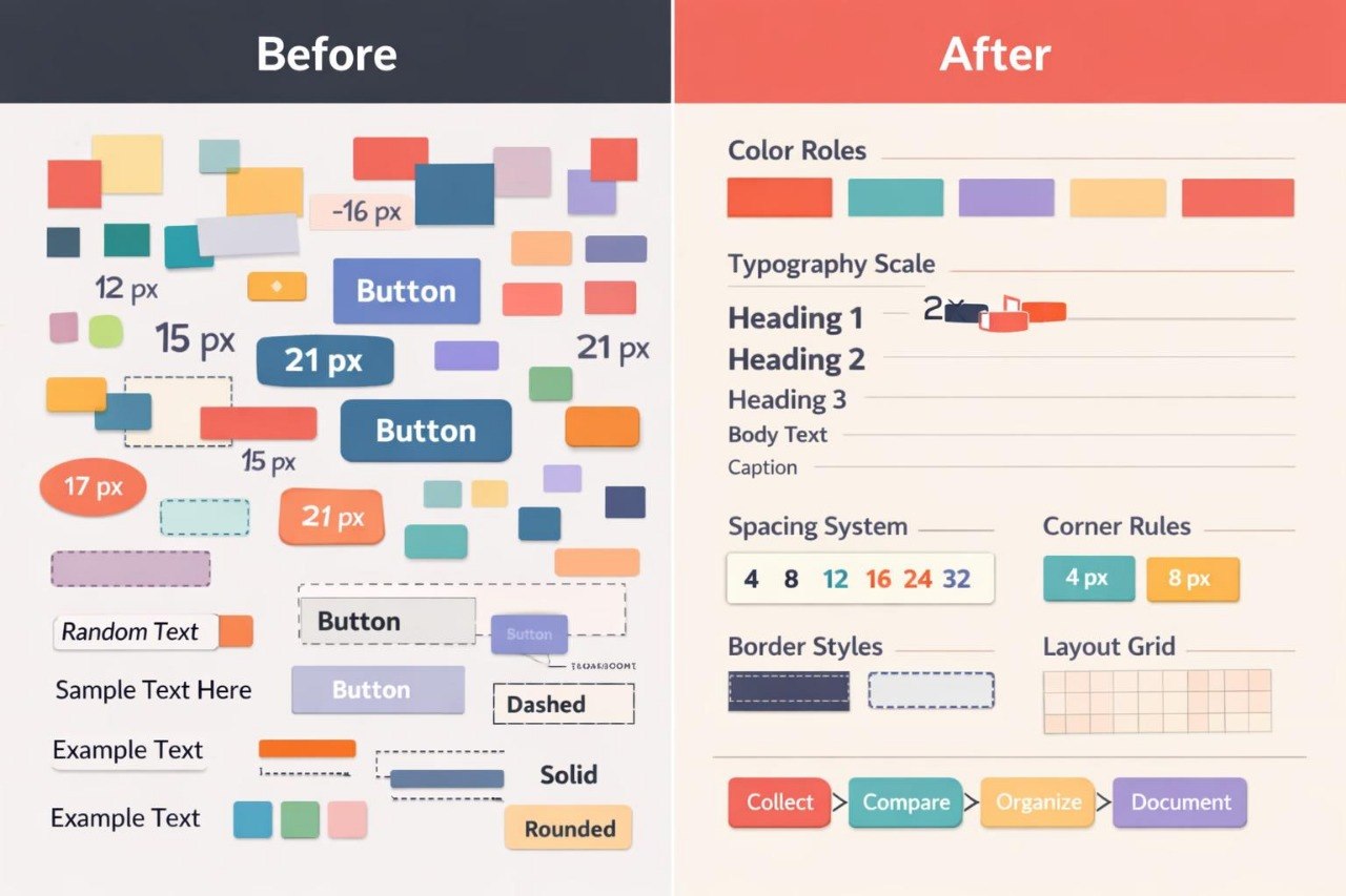 A before-and-after design system comparison infographic. The left side, labeled 'Before', shows a cluttered collection of colorful UI elements like buttons, text, and layout pieces.