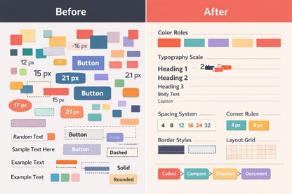 A before-and-after design system comparison infographic. The left side, labeled 'Before', shows a cluttered collection of colorful UI elements like buttons, text, and layout pieces.