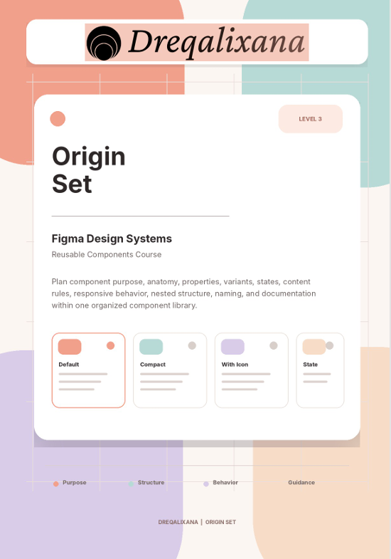 A digital course cover or promotional graphic for a Figma Design Systems course by Dreqalixana, shown on a pastel geometric background. The central card reads 'Origin Set' and 'Figma Design Systems' with course description text and four component cards labeled Default, Compact, With Icon, and State.