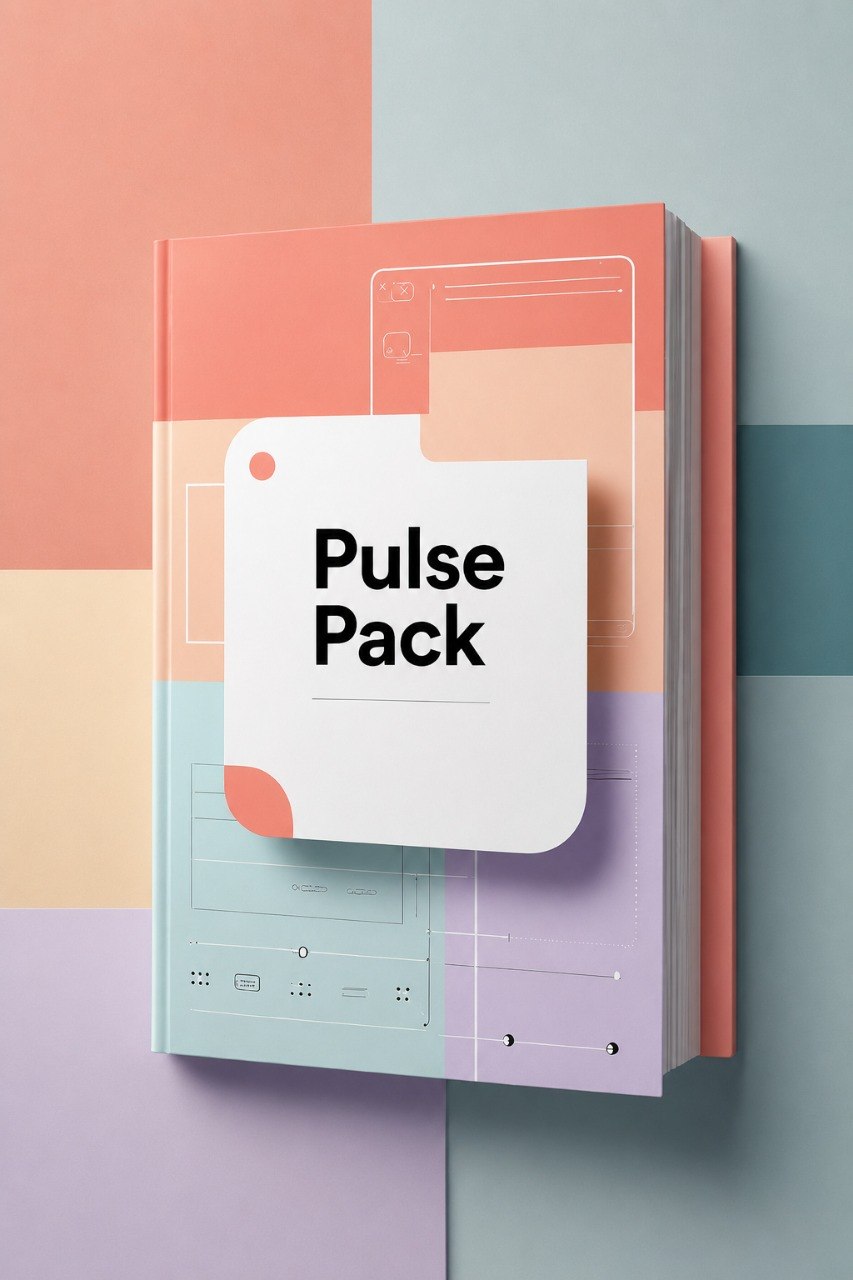 A book or booklet titled 'Pulse Pack' shown standing upright against a pastel geometric background. The cover features a white title label over peach, blue, lavender, and cream sections with faint line-drawn interface graphics.