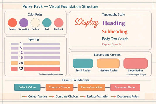 An infographic titled 'Pulse Pack — Visual Foundation Structure' showing design guidelines for color roles, typography scale, spacing, border radii, and layout foundations with colored labels and bar charts.