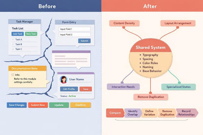 A before-and-after software UI comparison infographic. The left side, labeled 'Before' in blue, shows a light blue interface with task manager, form entry, and user profile panels connected by a blue line.