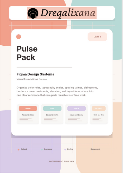 A digital promotional graphic for a 'Dreqalixana Pulse Pack' featuring a Figma Design Systems course. The design showcases a central white rounded card with black text, surrounded by a pastel multicolor geometric background.