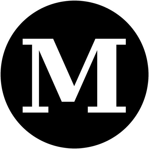 Black circle with a white letter 'M' in the center