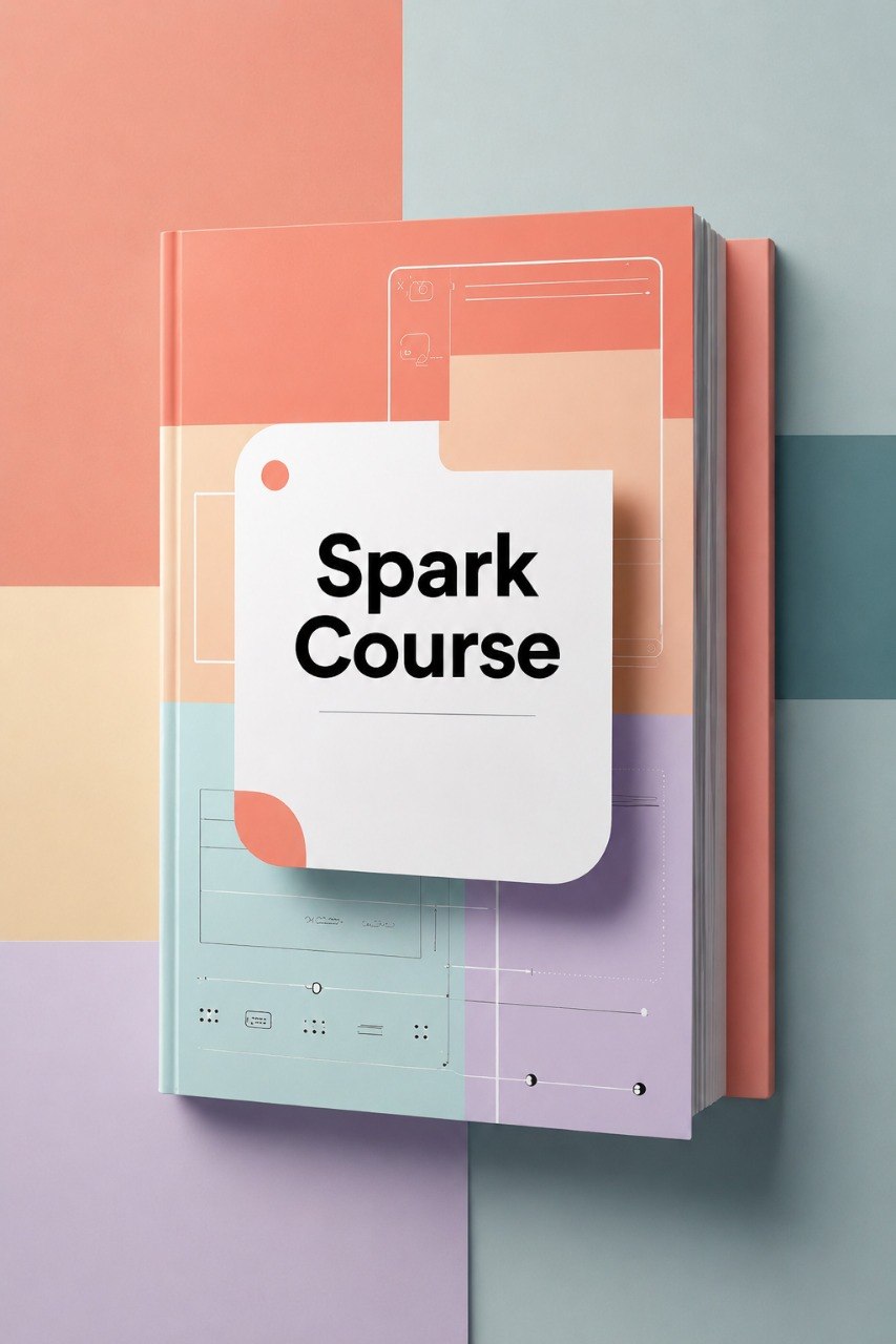 A stylized book or notebook cover with the words 'Spark Course' on a white sticky-note-like overlay, shown against a pastel geometric background in peach, lavender, mint, and blue-gray.