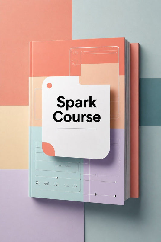 A stylized book or notebook cover with the words 'Spark Course' on a white sticky-note-like overlay, shown against a pastel geometric background in peach, lavender, mint, and blue-gray.