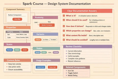 A digital infographic titled 'Spark Course — Design System Documentation' presenting a structured guide on UI design components. The diagram features a beige background with various colored boxes (red, blue, purple, orange) outlining sections such as Component Summary, Anatomy, Properties, States, Content Rules, Usage Examples, and Clear Documentation Answers.
