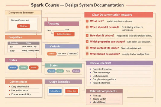 A digital infographic titled 'Spark Course — Design System Documentation' presenting a structured guide on UI design components. The diagram features a beige background with various colored boxes (red, blue, purple, orange) outlining sections such as Component Summary, Anatomy, Properties, States, Content Rules, Usage Examples, and Clear Documentation Answers.