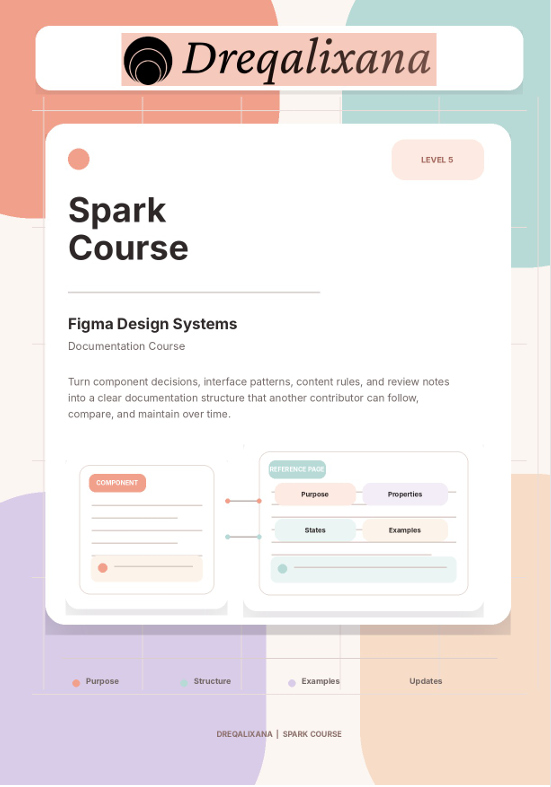 A digital course cover graphic for 'Spark Course' by Dregalixana, featuring a white document card with text and diagram elements on a pastel multicolor background.