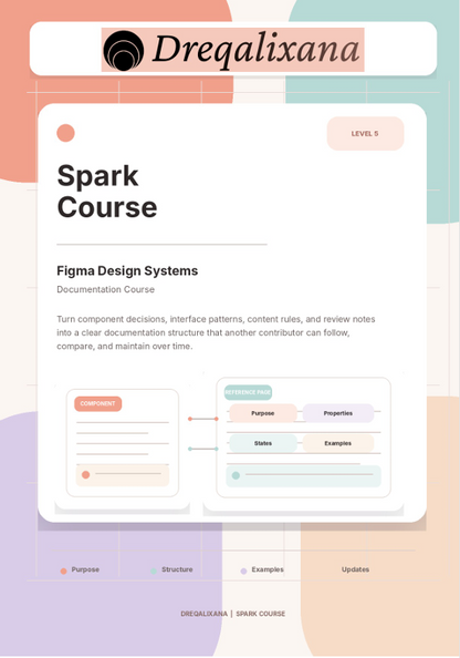 A digital course cover graphic for 'Spark Course' by Dregalixana, featuring a white document card with text and diagram elements on a pastel multicolor background.