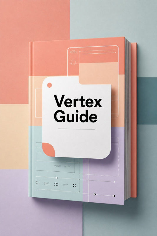 A hardcover book titled 'Vertex Guide' with a white title label, shown standing upright against a pastel geometric background.