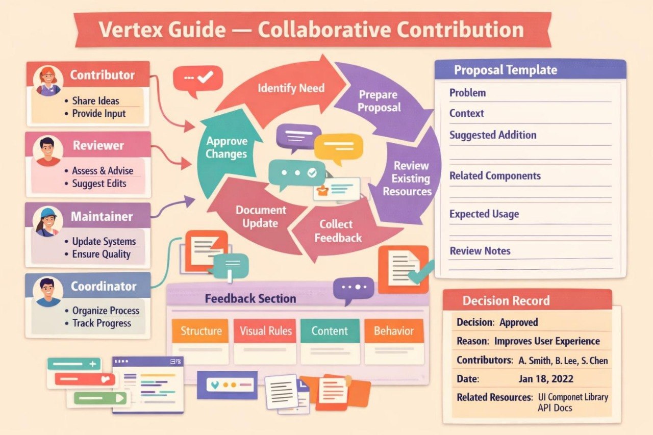 An infographic poster titled 'Vertex Guide — Collaborative Contribution' showing a workflow diagram with contributor, reviewer, maintainer, and coordinator roles, a proposal template box, feedback section, and a decision record example on a beige background.