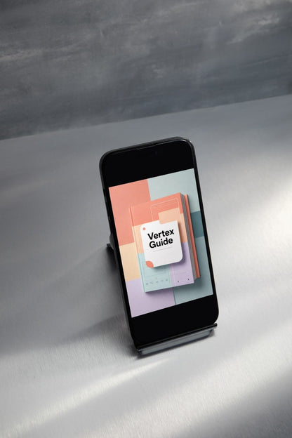 A smartphone in a black stand displaying a colorful digital guide titled 'Vertex Guide' on its screen, set against a gray textured background.