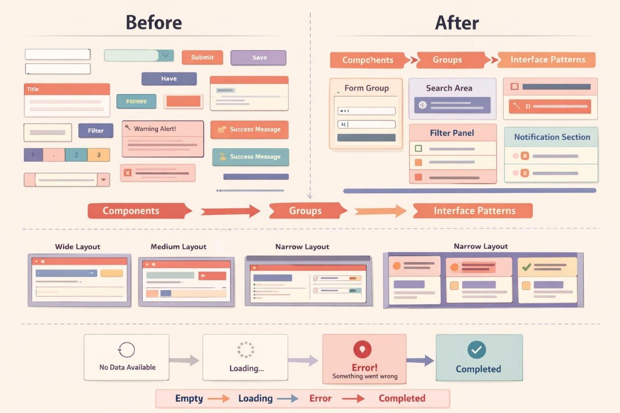 A digital infographic diagram comparing a 'Before' state and 'After' state of a UI design or software interface, showing various layout components, groups, patterns, and error/loading states on a beige background.